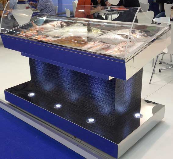 Expositor para peixe ou marisco de cor azul